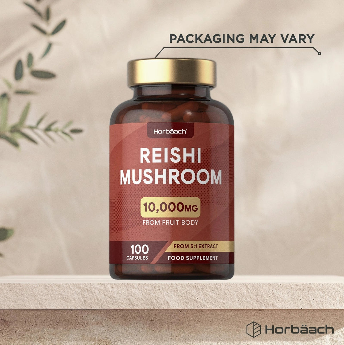 Horbäach Reishi Mushroom supplement, 10,000MG from fruit body, 100 capsules, made from 5:1 extract.