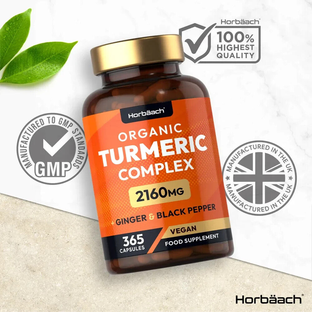 Horbäach Organic Turmeric Complex 2160mg with Ginger and Black Pepper, 365 Vegan Capsules.