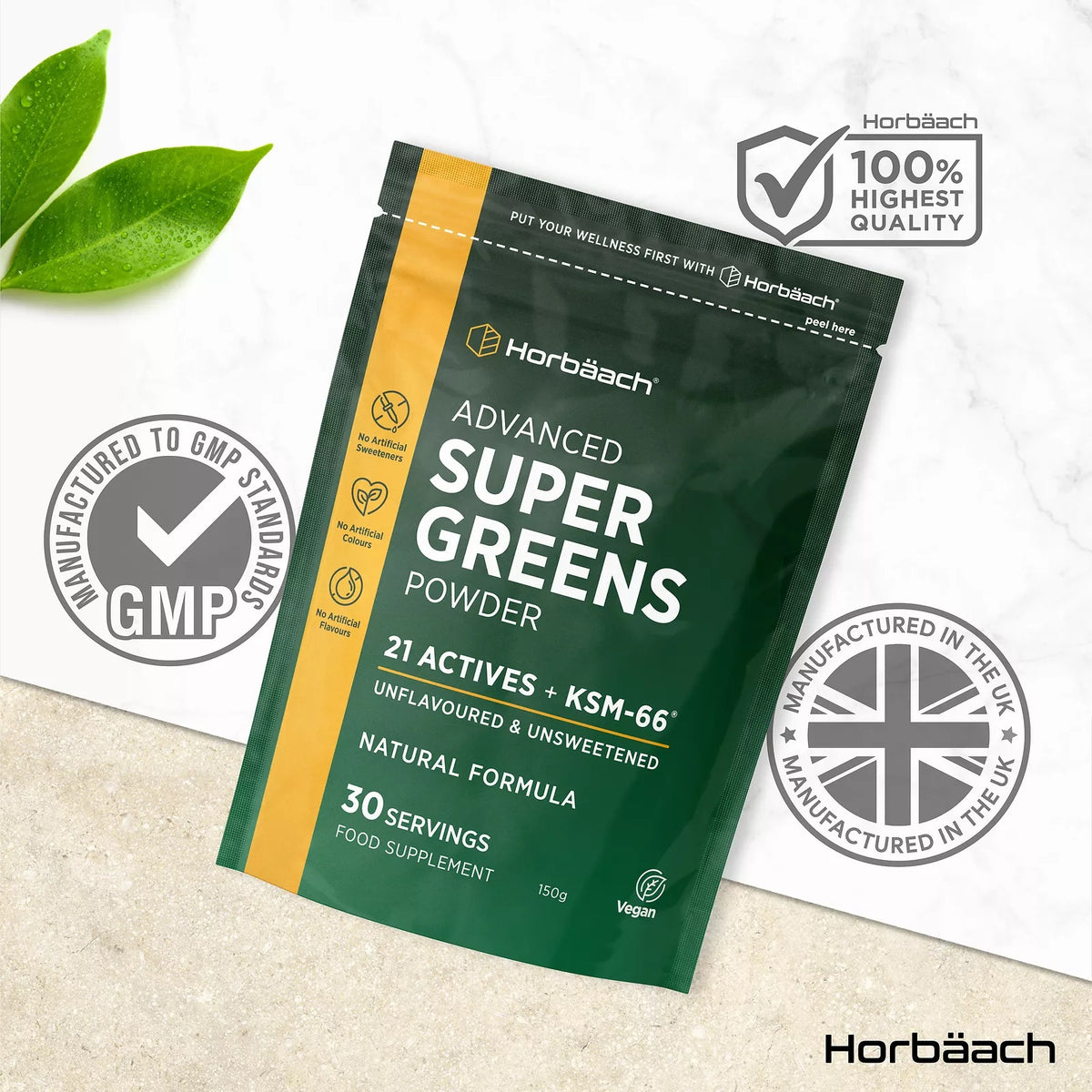 Horbäach Advanced Super Greens Powder 150g pouch, offering 30 servings, vegan, unflavoured, and unsweetened.