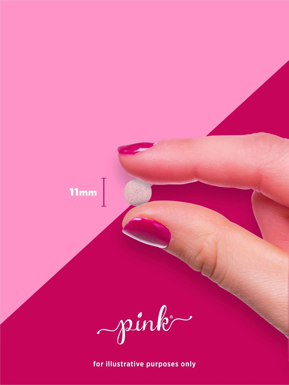 A round tablet, 11mm in size, is held between fingers.