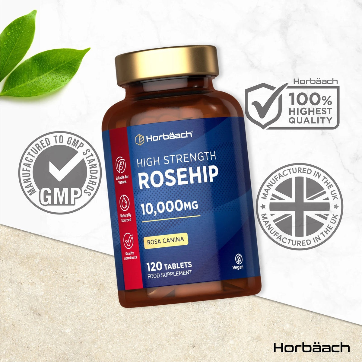 Horbäach High Strength Rosehip 10,000MG supplement, featuring Rosa Canina, includes 120 vegan tablets.