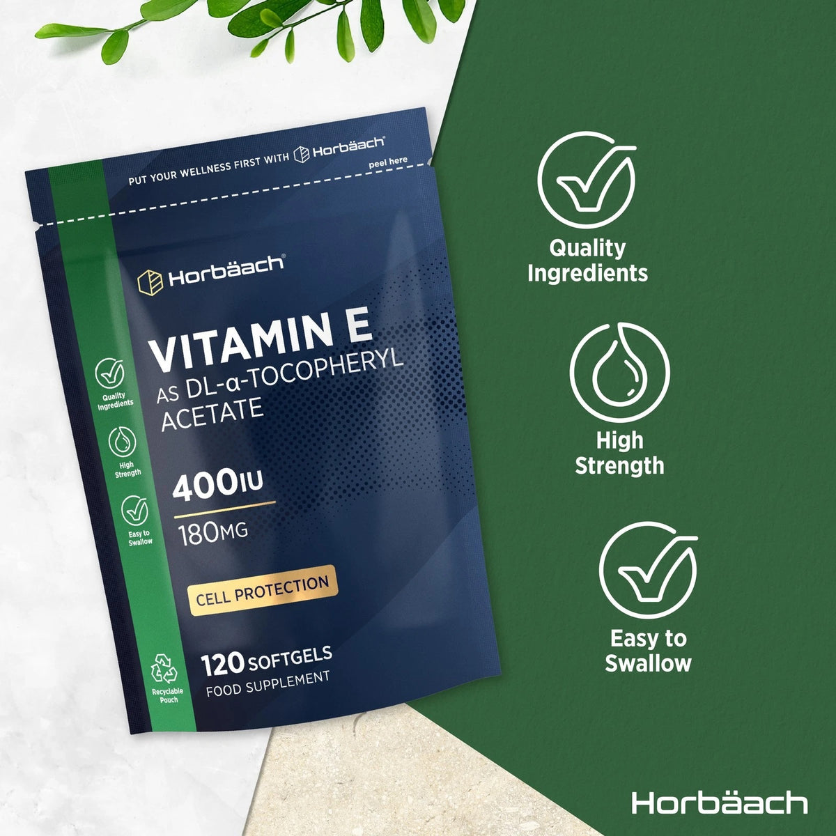 Vitamin E 400IU 120 Softgels as DL-a-Tocopheryl Acetate, a food supplement designed for cell protection.