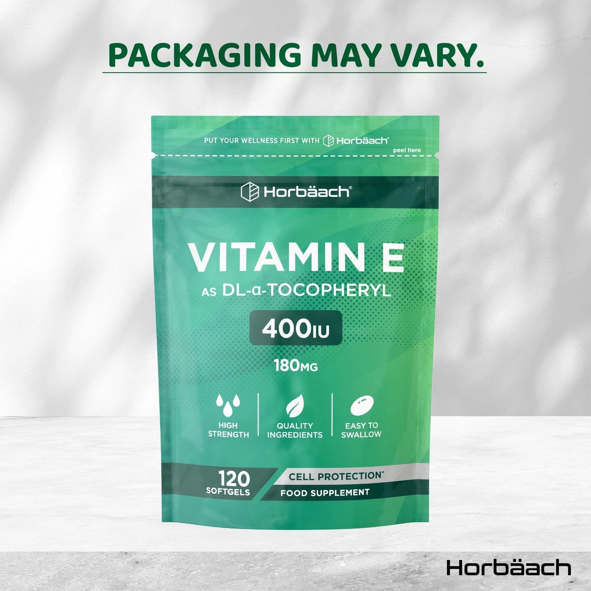 Vitamin E DL-a-Tocopheryl 400IU 180MG with 120 softgels for cell protection as a food supplement.