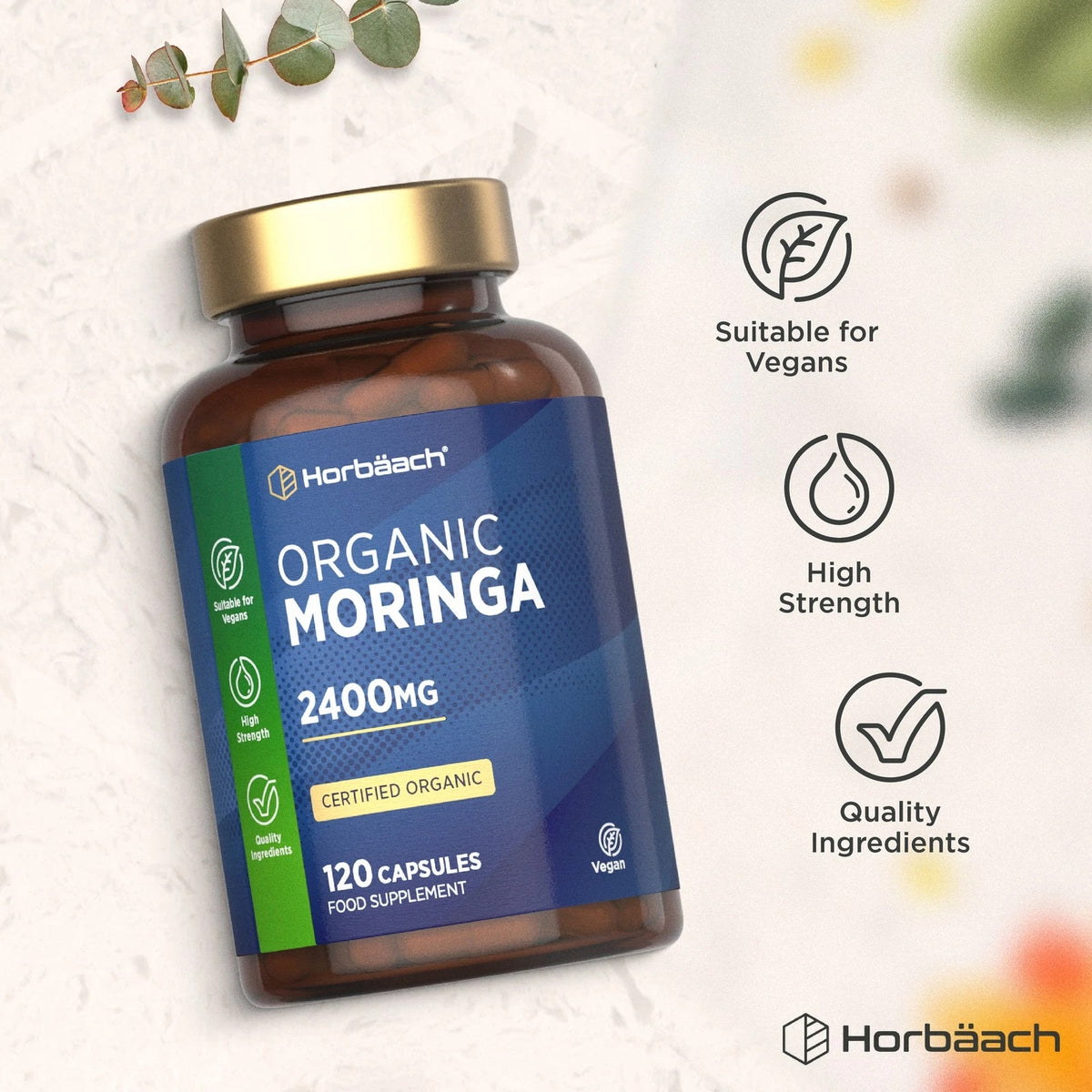 Organic Moringa 2400mg in 120 vegan capsules as a food supplement.