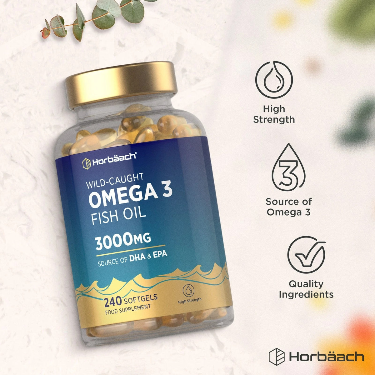 Wild-Caught Omega 3 Fish Oil 3000mg with 240 softgels, providing a rich source of DHA and EPA for health benefits.