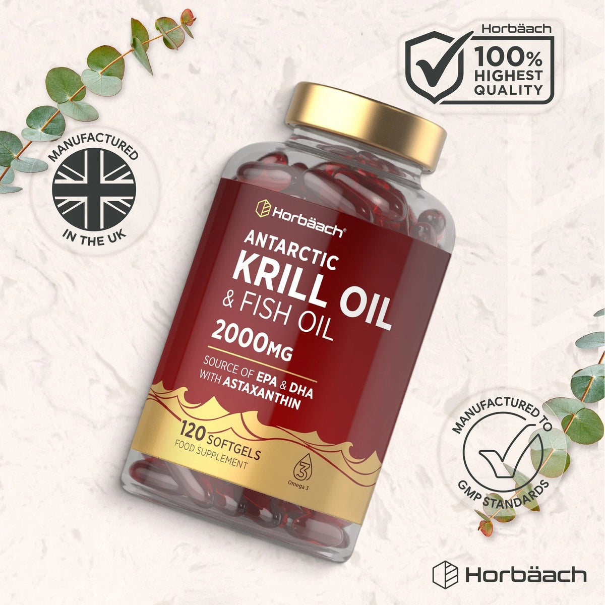 Horbäach Antarctic Krill Oil & Fish Oil 2000mg, 120 softgels, a source of EPA, DHA, and astaxanthin.