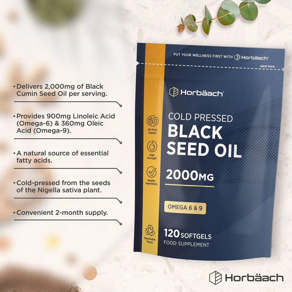 Horbäach Cold Pressed Black Seed Oil 2000mg with Omega 6 & 9, available in 120 softgels food supplement.