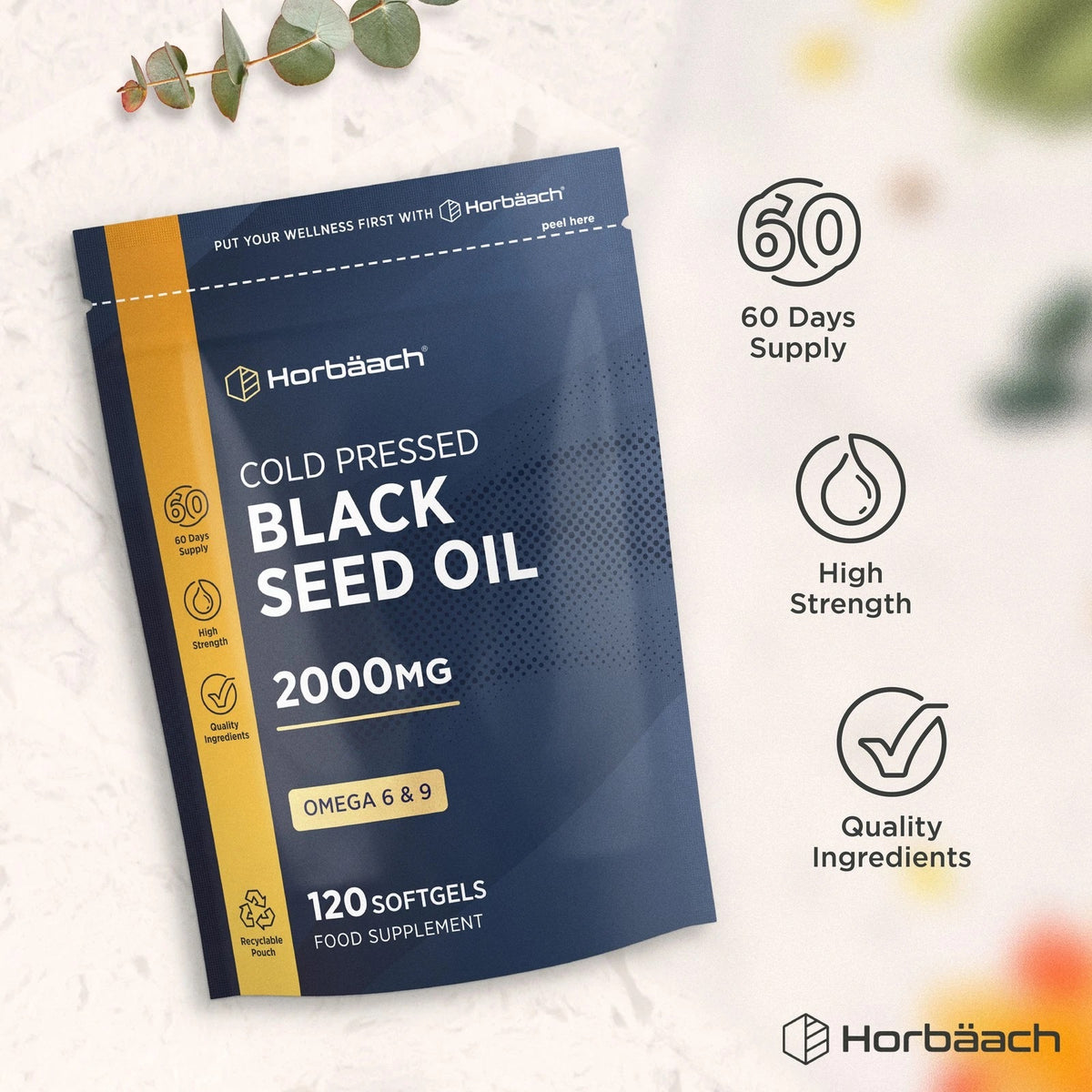 Horbäach Cold Pressed Black Seed Oil 2000MG, 120 Softgels. Food Supplement, Omega 6 & 9, 60 Days Supply, Recyclable Pouch.