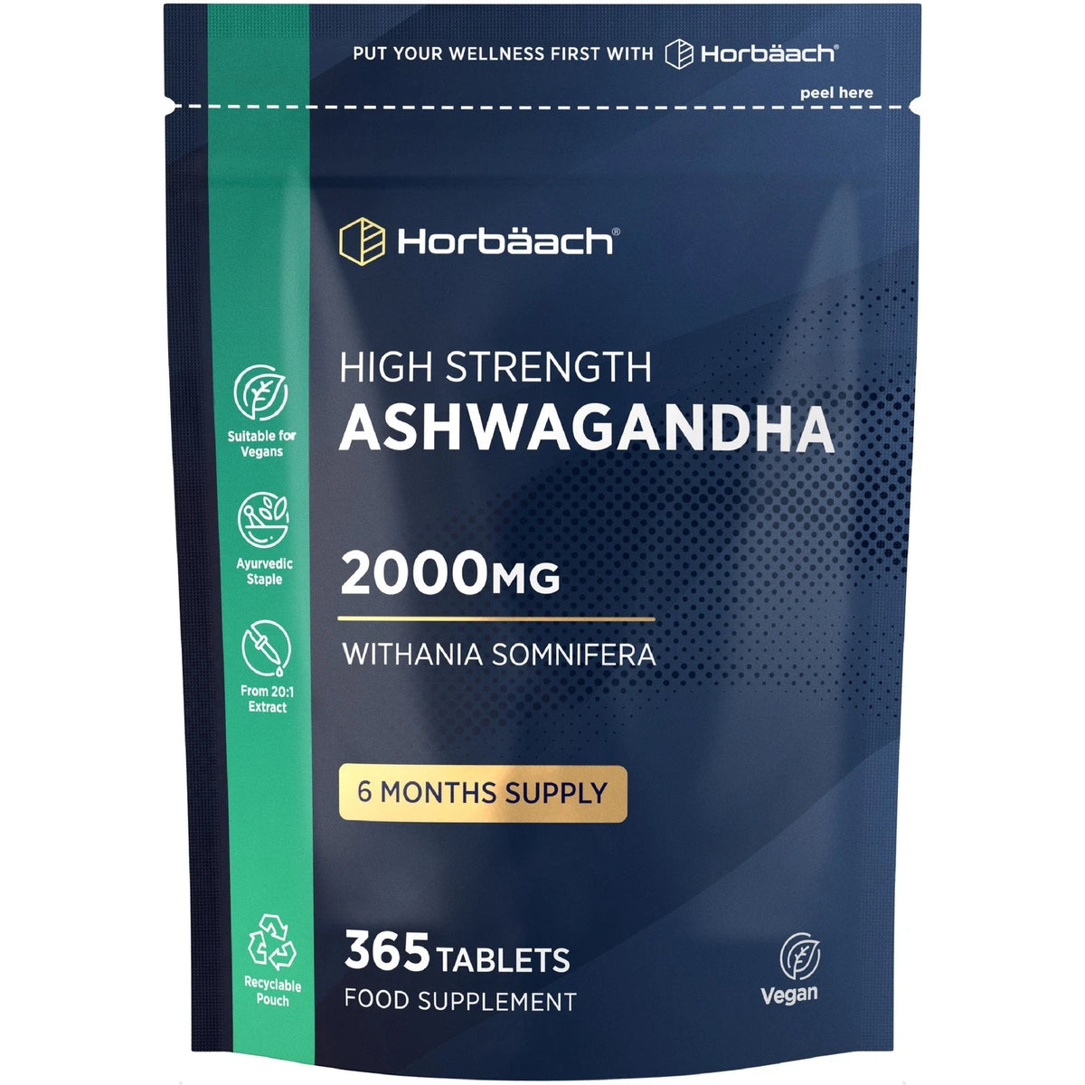 High Strength Ashwagandha 2000mg, 365 Vegan Tablets. A potent food supplement.