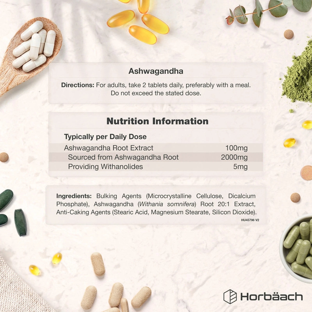 Ashwagandha supplement information graphic. Displays directions, nutrition facts, and ingredients. Includes various pills and powders.
