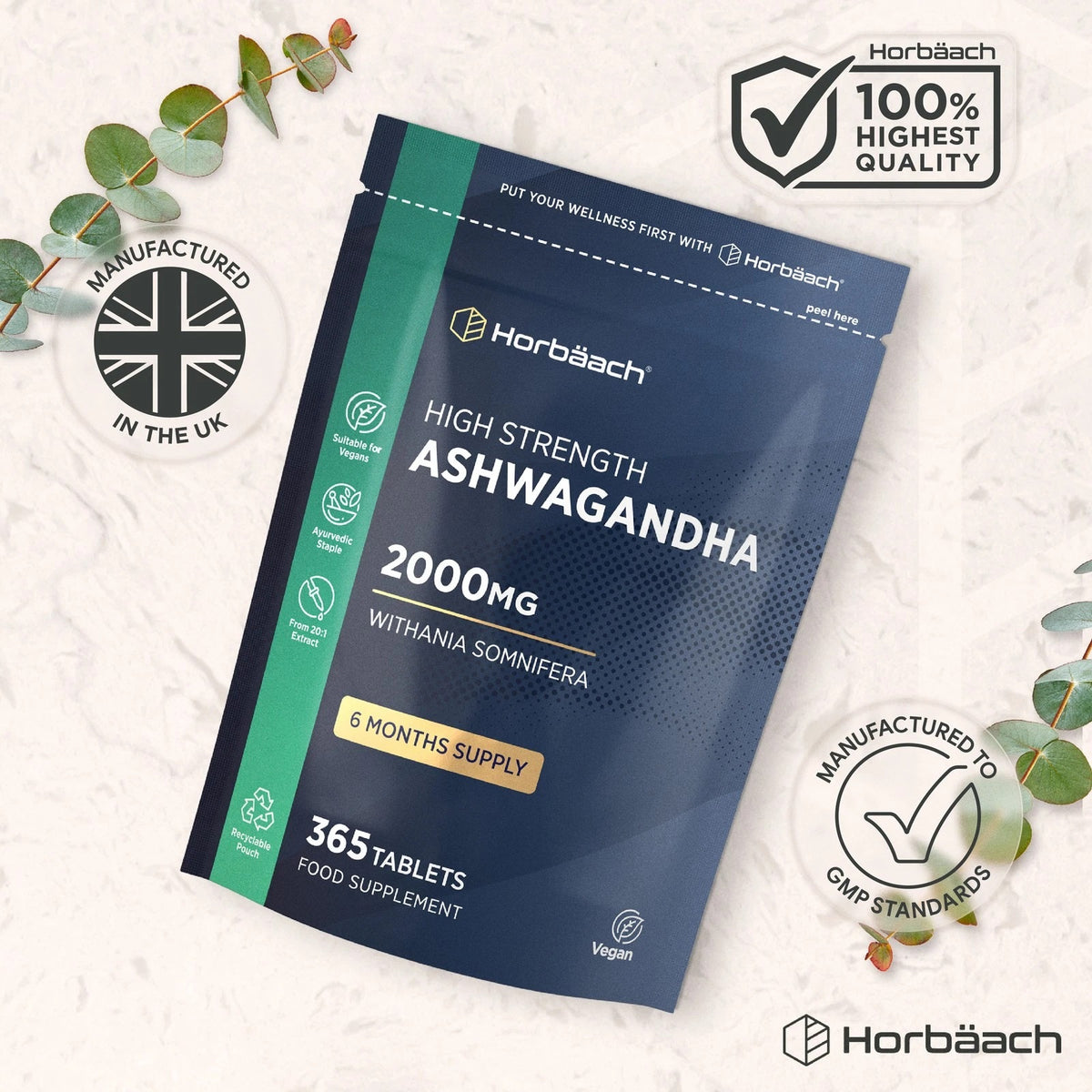 Horbäach High Strength Ashwagandha 2000mg, 365 Vegan Tablets, 6-Month Supply, in a recyclable pouch. Food supplement.