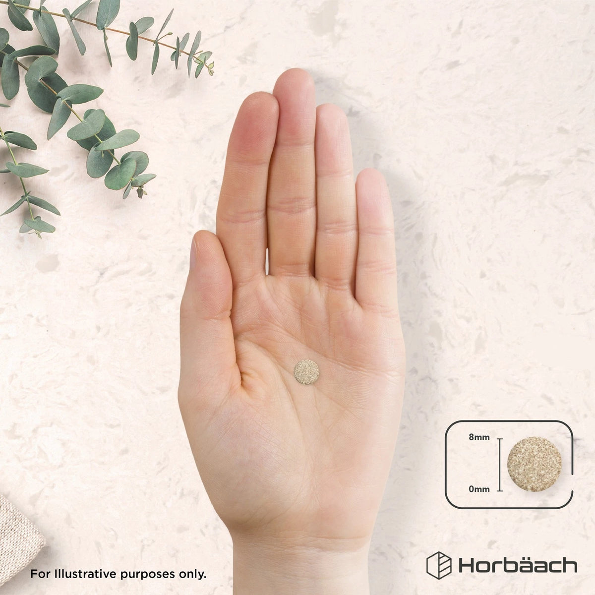 A hand holds an 8mm round tablet, showcasing its size and shape for product identification.