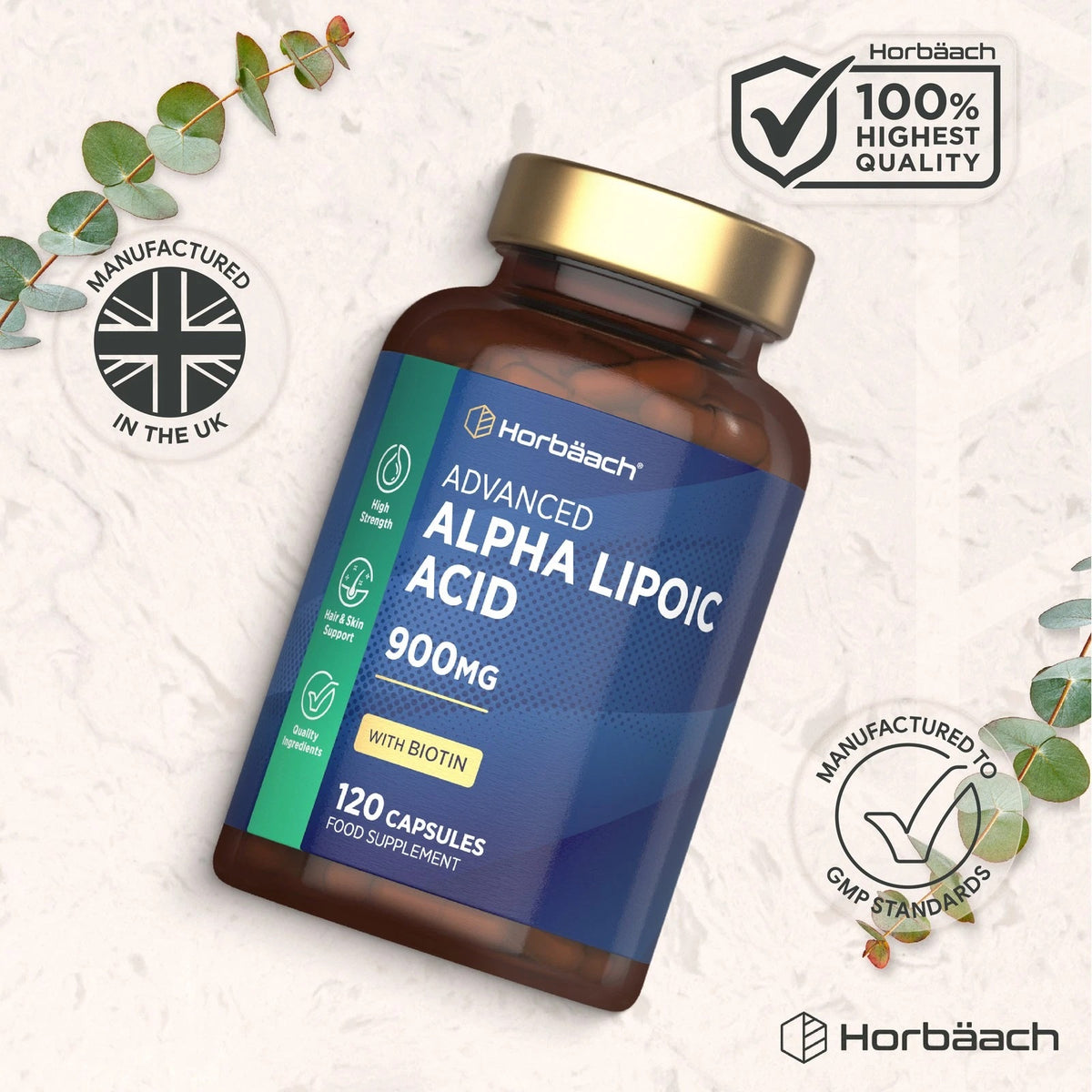 Advanced Alpha Lipoic Acid 900mg supplement with 120 capsules.