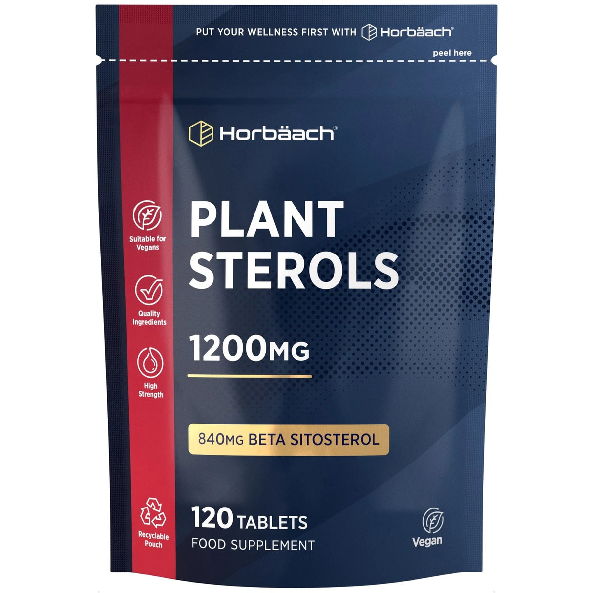 Plant Sterols 1200mg with 840mg Beta Sitosterol, 120 Vegan Tablets in Recyclable Pouch. Food Supplement.