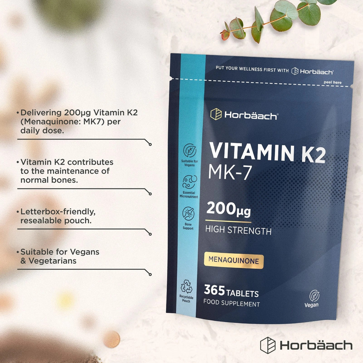 Horbäach Vitamin K2 MK-7 200µg High Strength Menaquinone, 365 Vegan Tablets, Food Supplement in a resealable pouch.
