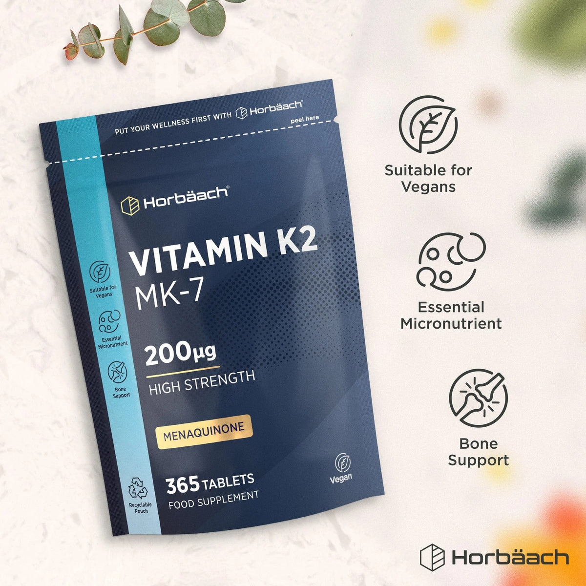 Horbäach Vitamin K2 MK-7 200µg supplement with 365 vegan tablets in a recyclable pouch.