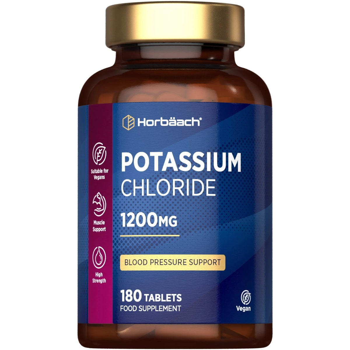 Horbäach Potassium Chloride 1200mg 180 Vegan Tablets, a high-strength supplement for muscle and blood pressure support.