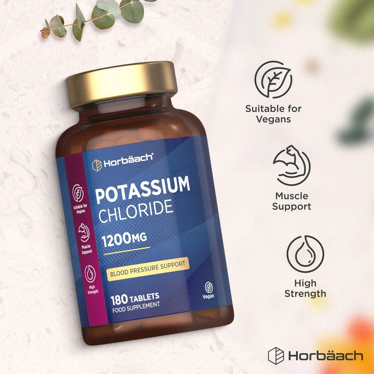 Horbäach Potassium Chloride supplement bottle with 1200MG tablets, vegan, 180 count.