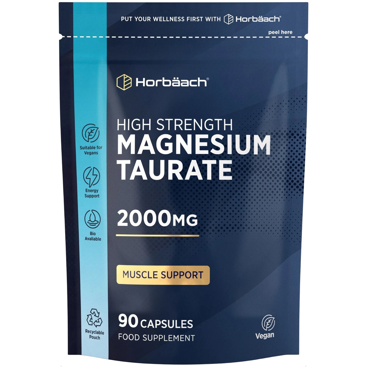 Horbäach High Strength Magnesium Taurate 2000mg, 90 Capsules, Vegan, supports muscles and energy, bioavailable supplement.