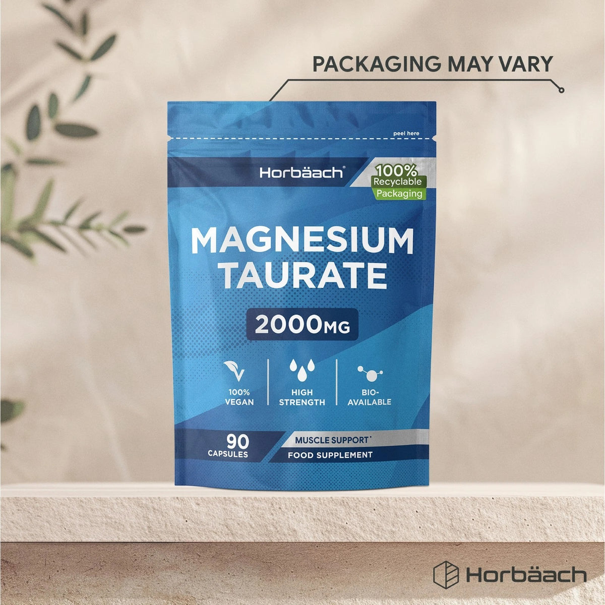 Horbäach Magnesium Taurate supplement bottle with 2000mg dosage and 90 vegan capsules displayed.