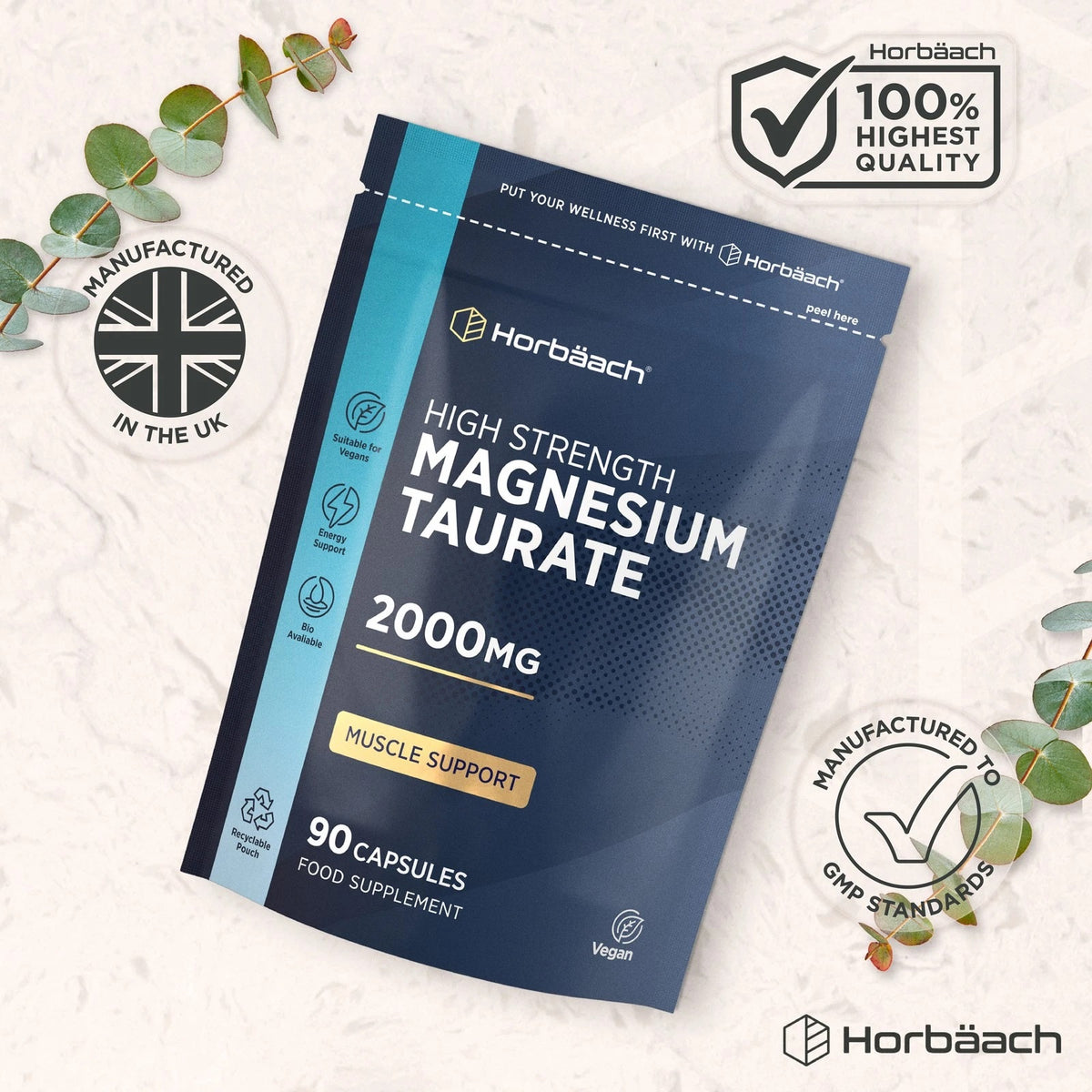 Horbäach High Strength Magnesium Taurate 2000MG capsules in a pouch; vegan formula, 90 count.
