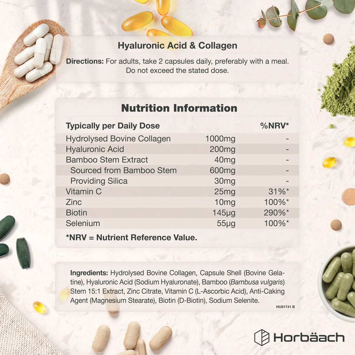 Hyaluronic Acid Collagen Complex capsules, with Nutrition Information and Ingredients panel. Capsules on a spoon and in a bowl.