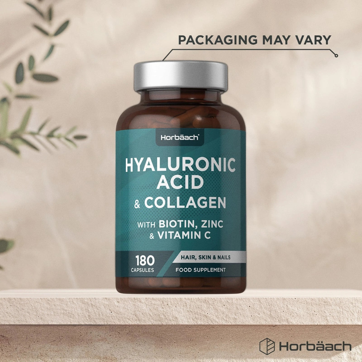 Horbäach Hyaluronic Acid & Collagen with Biotin, Zinc & Vitamin C, 180 Capsules. Supports hair, skin, and nails.