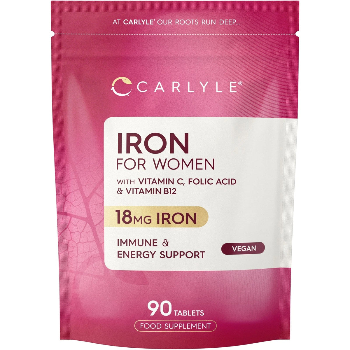 Iron supplement for women with 18mg iron, vitamin C, folic acid, B12 for immune and energy support. Vegan, 90 tablets.