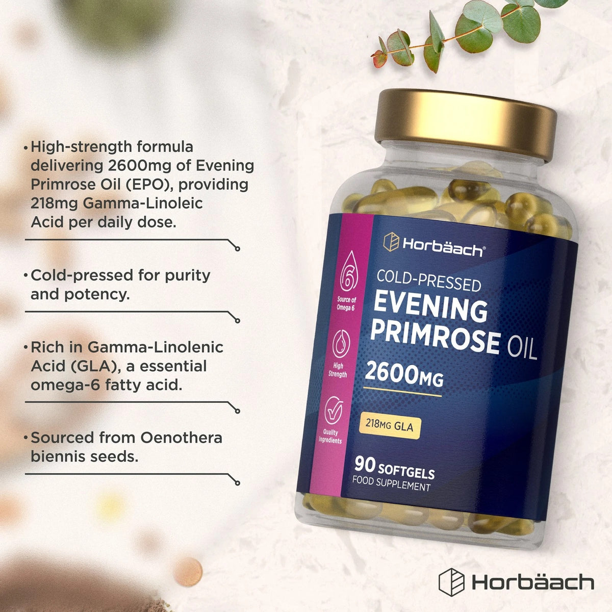 Horbäach Cold-Pressed Evening Primrose Oil 2600mg, 90 Softgels with 218mg GLA per serving.