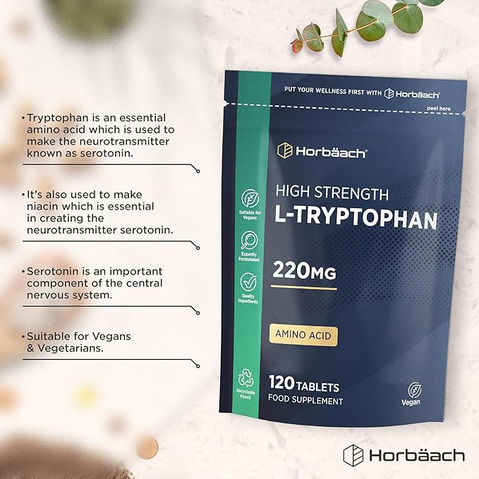 Food supplement pouch containing 120 tablets of High Strength L-Tryptophan, each tablet providing 220mg.