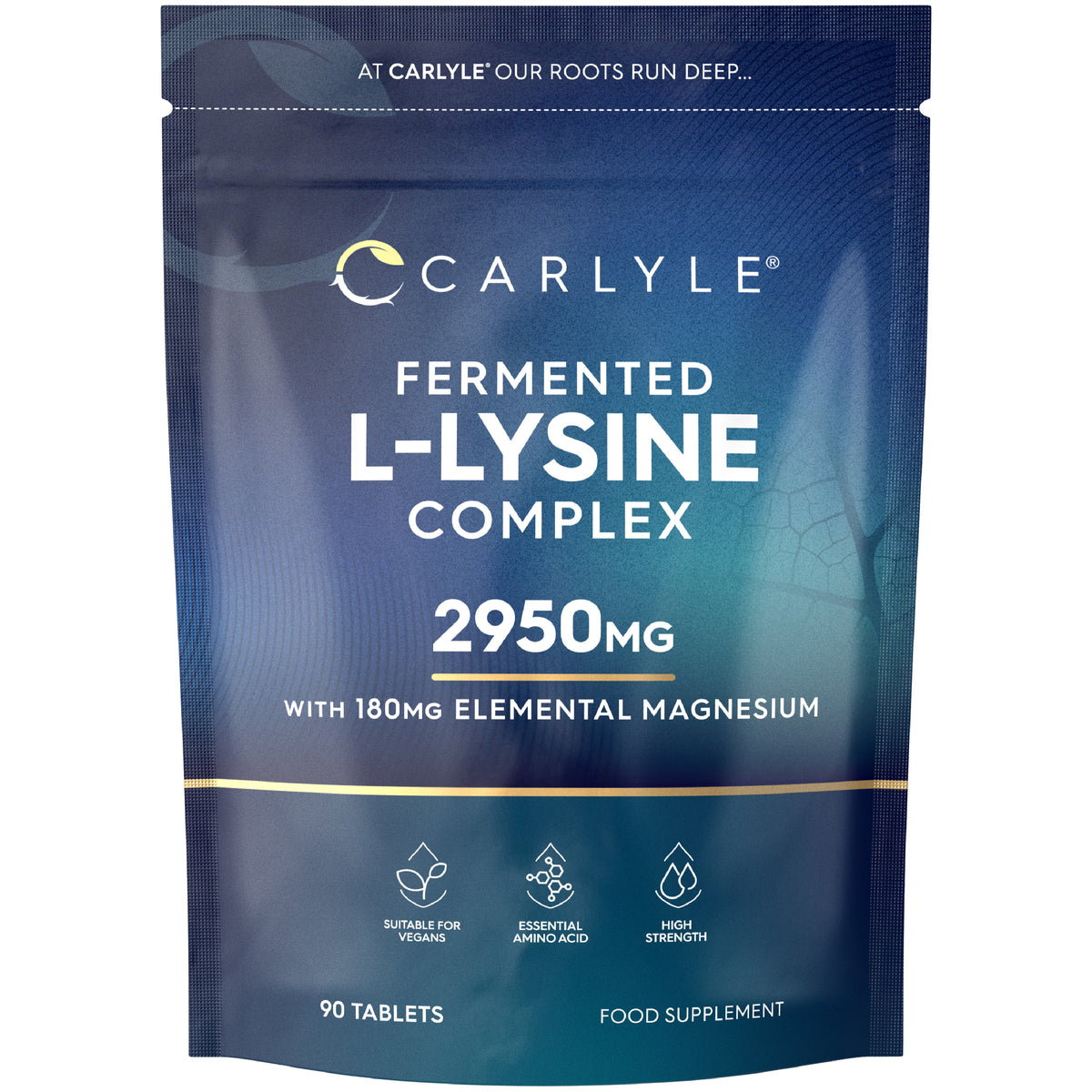 Fermented L-Lysine Complex with 2950mg strength and 180mg of Elemental Magnesium, includes 90 tablets.