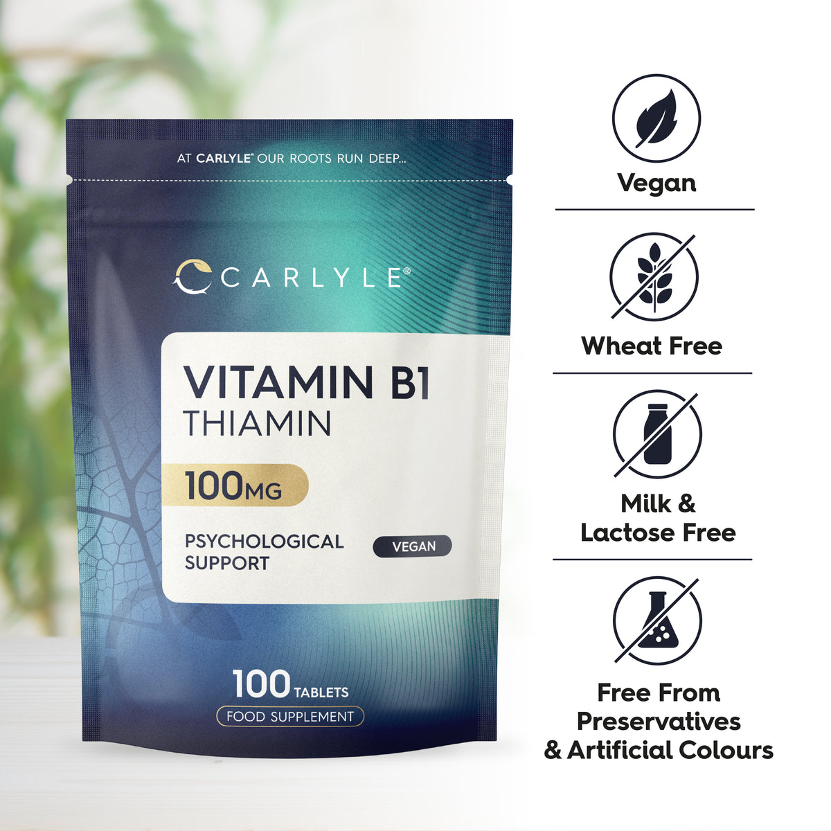 Vitamin B1 bottle with icons indicating vegan, wheat free, milk & lactose free, and free from preservatives & artificial colours.