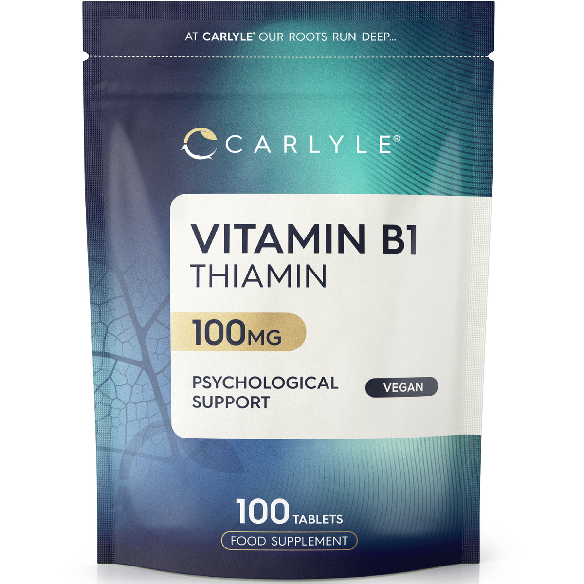 Carlyle Vitamin B1 Thiamin 100mg, 100 vegan tablets in a food supplement pouch.