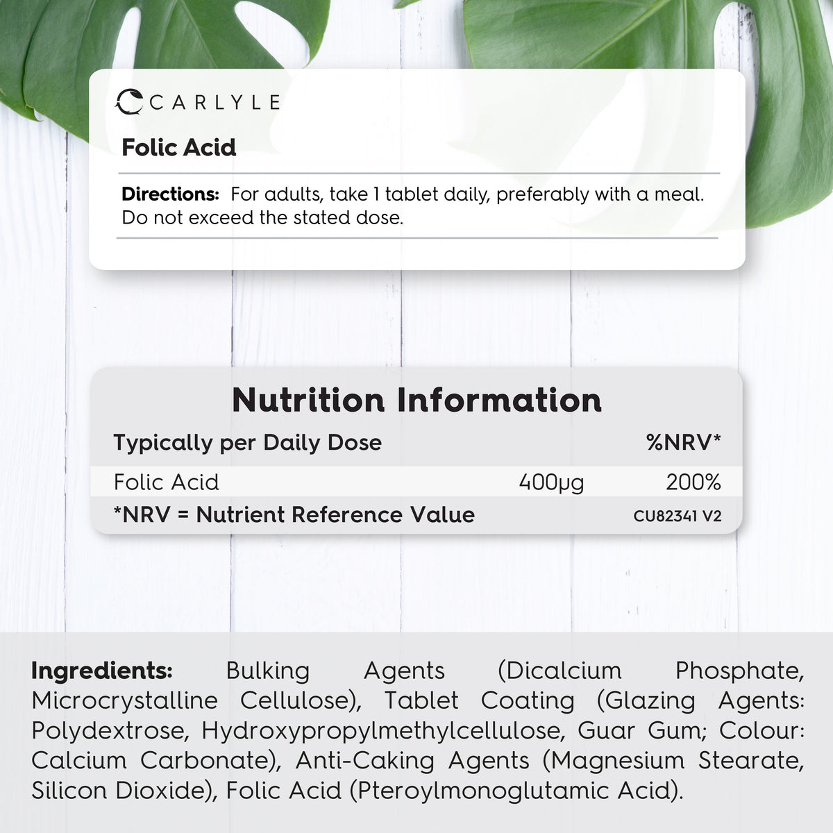 Carlyle Folic Acid 400µg product label displaying usage directions, nutrition facts per tablet, and ingredients list.