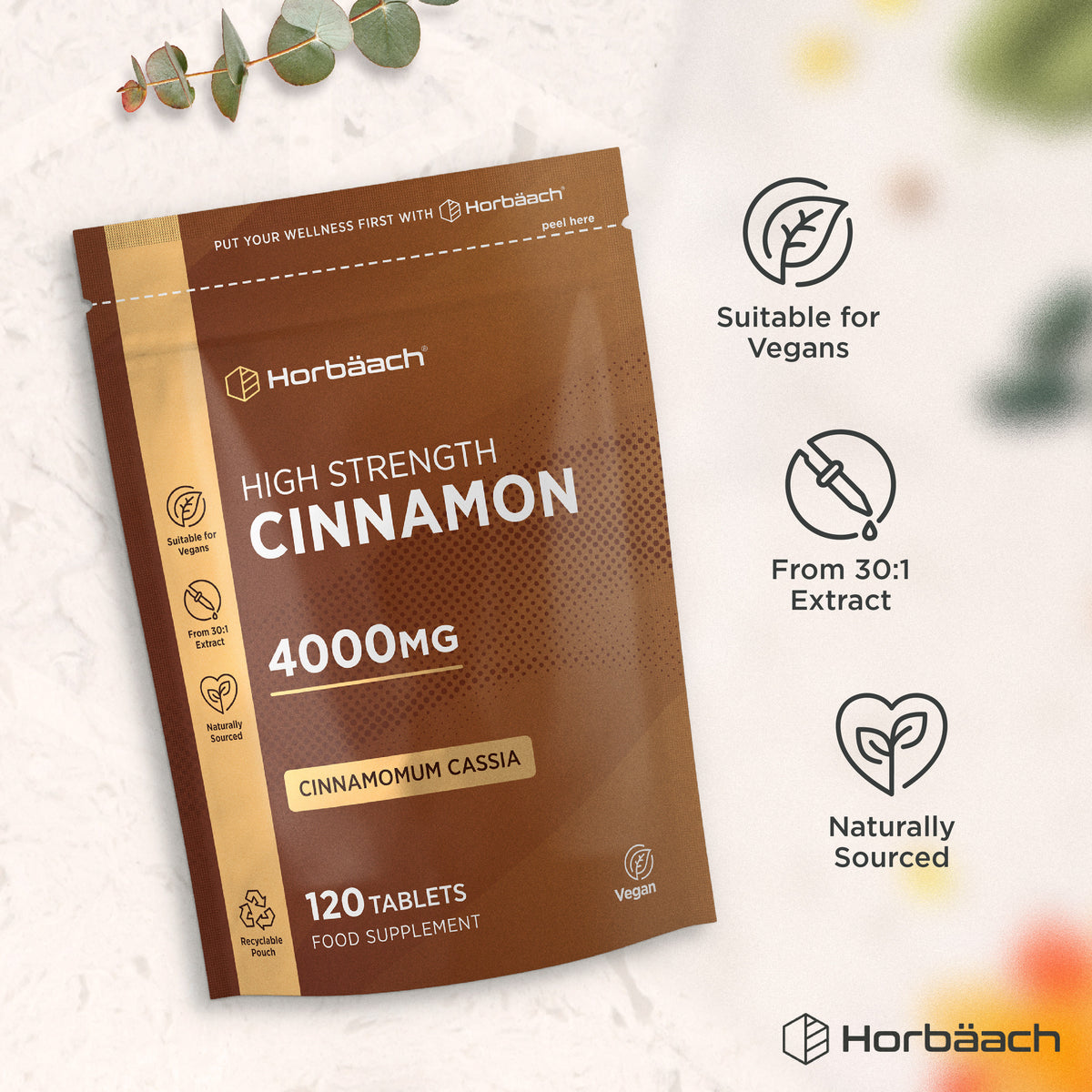 Cinnamon pouch with icons indicating suitability for vegans, made from 30:1 extract, naturally sourced, in a recyclable pouch.
