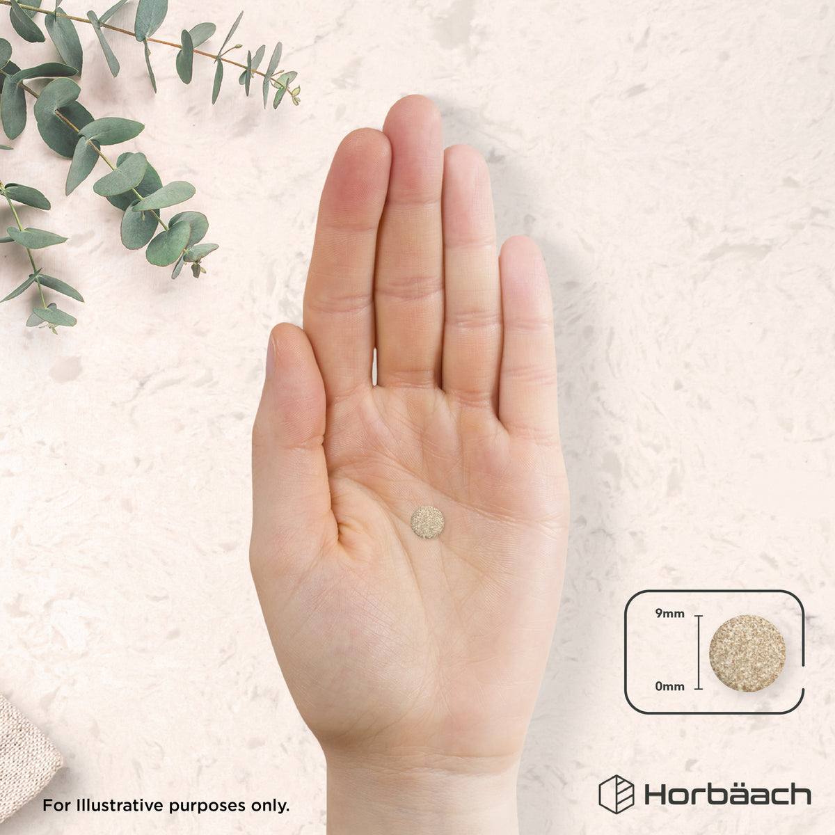 A beige cinnamon tablet rests in an open palm. An inset graphic reveals the tablet's 9mm diameter size.
