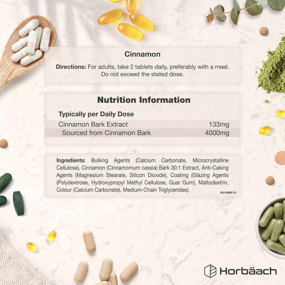 Supplement Facts panel for Cinnamon 4000mg, 120 Vegan Tablets, providing detailed nutritional information and daily value percentages.
