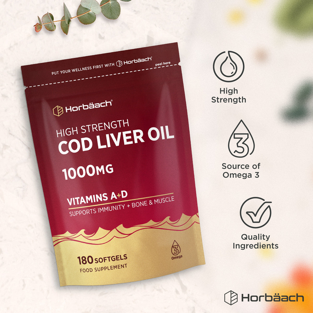 Cod Liver Oil bottle with icons indicating high strength, rich `source_id` of Omega 3, and quality ingredients for dietary benefits.