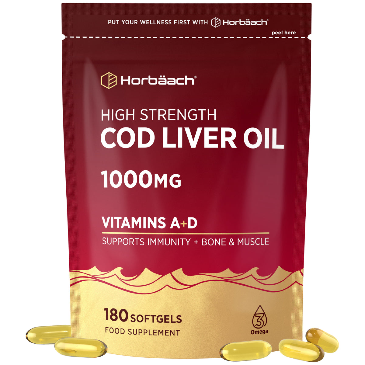 Horbäach Cod Liver Oil 1000mg, 180 softgels. Rich in Vitamins A+D. Supports immunity, bone, and muscle health. Omega 3 benefits.