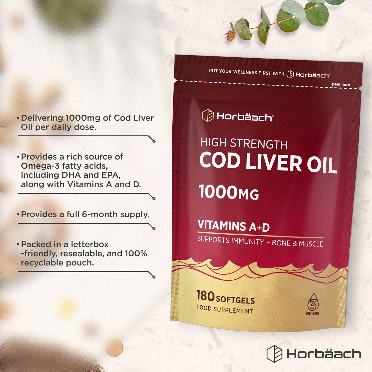 Horbäach High Strength Cod Liver Oil 1000mg, 180 Softgels, with Vitamins A+D, supports immunity, bones, muscles, and Omega-3.