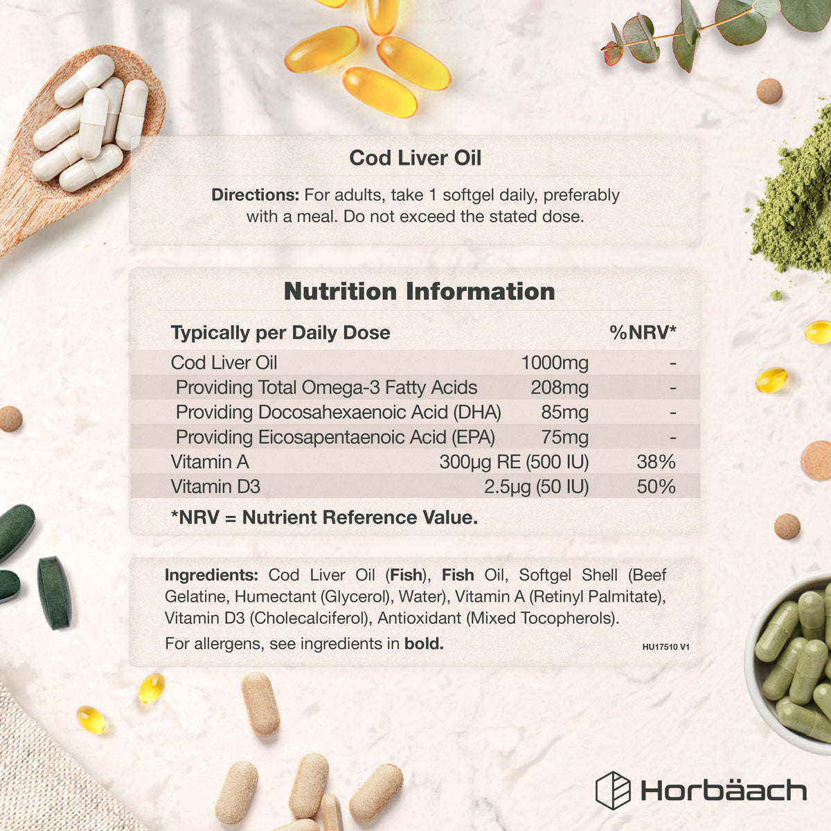 Cod Liver Oil 1000mg softgels. The label displays nutrition info with Omega-3, DHA, EPA, Vitamin A & D3, plus directions.