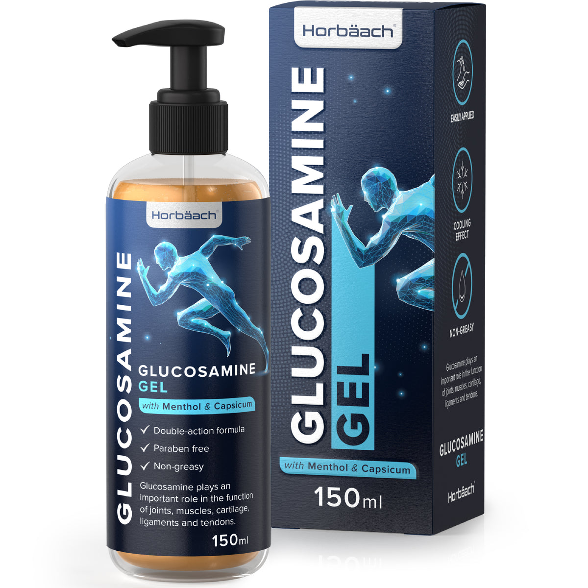 Horbäach Glucosamine Gel with Menthol and Capsicum in a 150ml pump bottle alongside its product box.