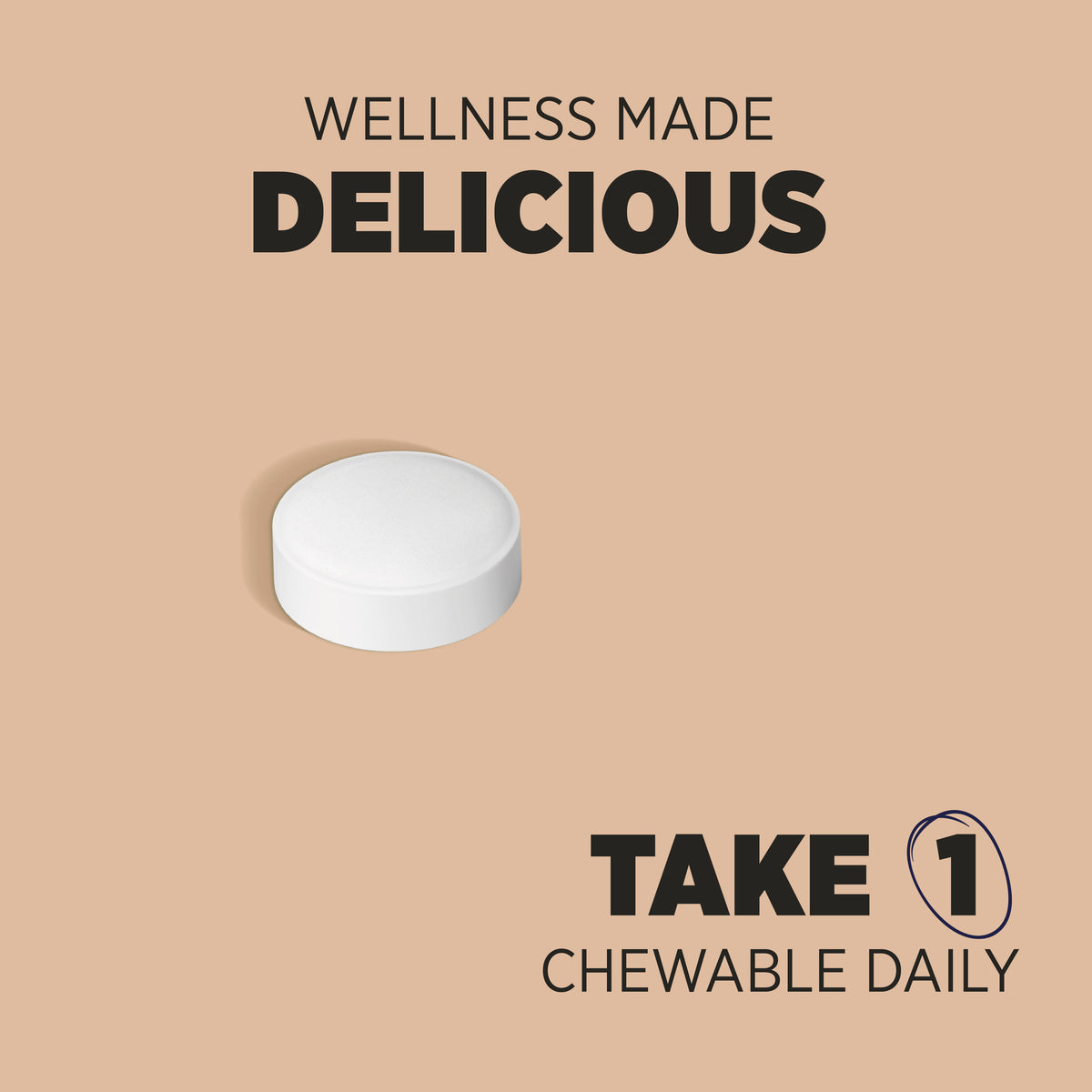 HU Vitamin D3 for Teens chewable tablet, a single white round tablet. Text: 'WELLNESS MADE DELICIOUS', 'TAKE 1 CHEWABLE DAILY'.