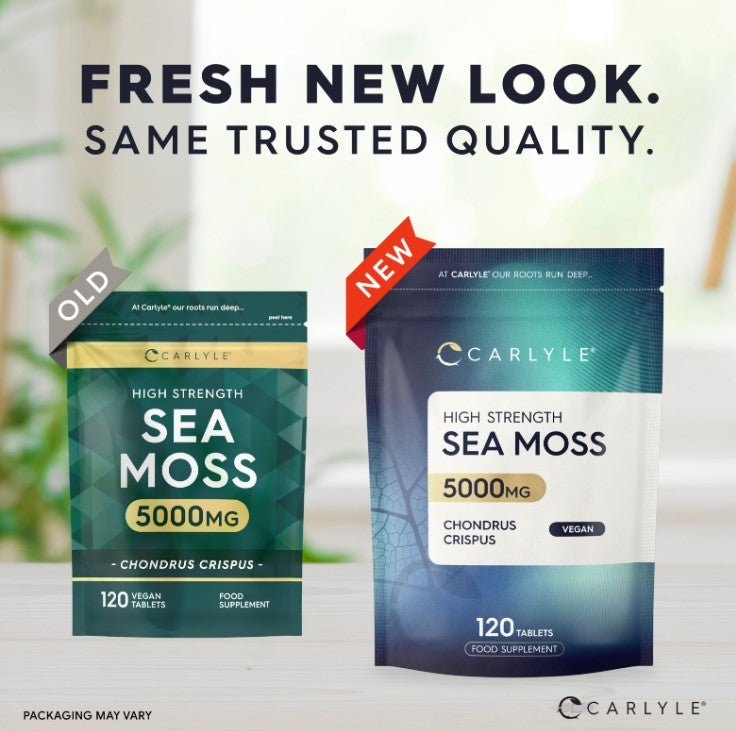 High Strength Sea Moss 5000mg, 120 Vegan Tablets, Chondrus Crispus food supplement. Old and new packaging are shown.