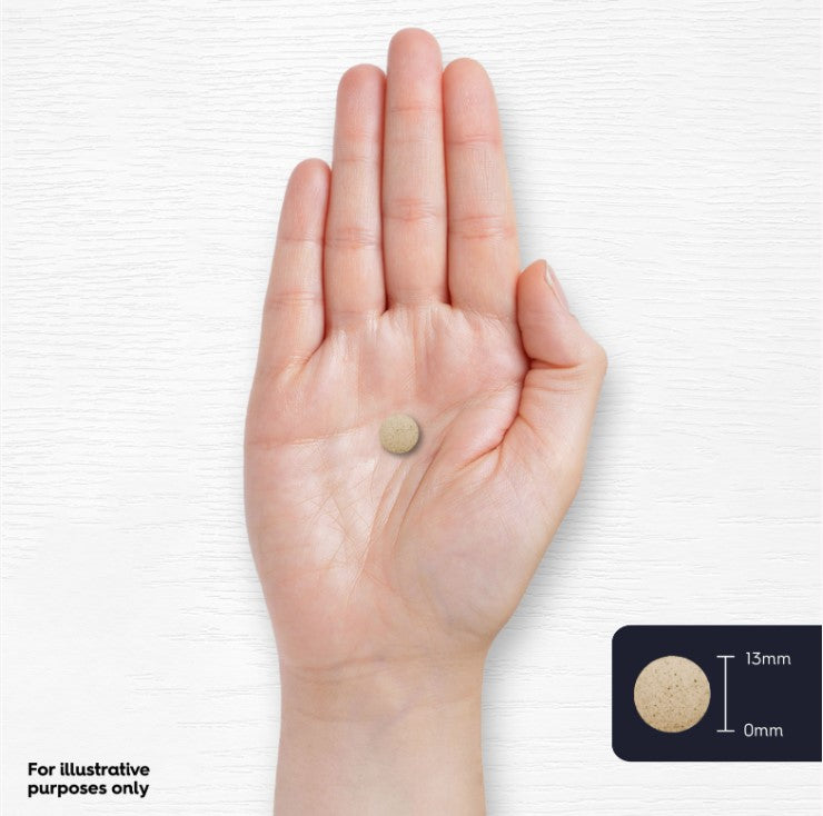 Round tablet in a hand, 13mm diameter, 0mm thickness, for illustrative purposes only.