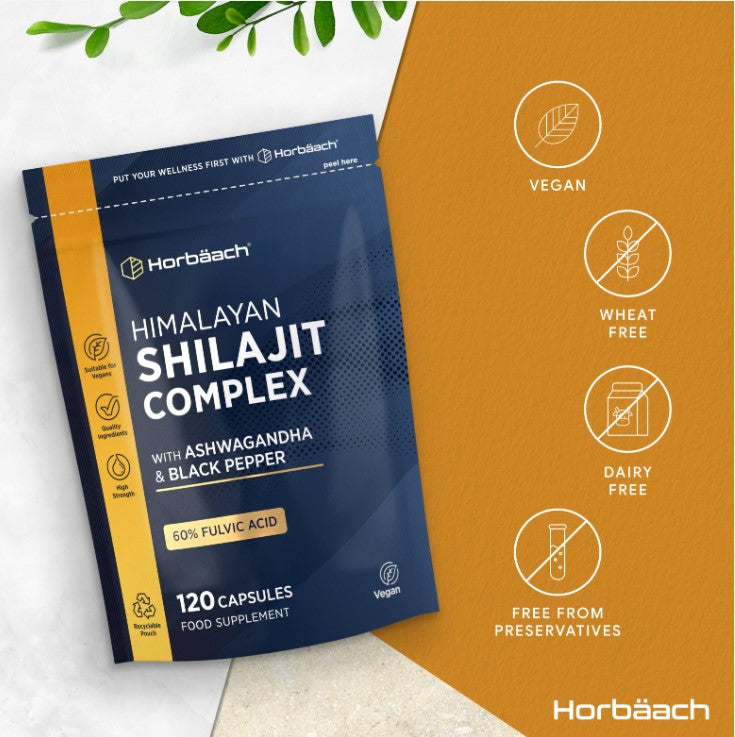 Horbäach Himalayan Shilajit Complex, 120 Capsules. Includes Ashwagandha & Black Pepper, 60% Fulvic Acid. Vegan-friendly.