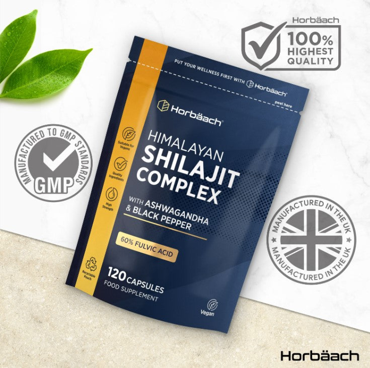 Horbäach Himalayan Shilajit Complex with Ashwagandha, Black Pepper, and 60% Fulvic Acid; 120 vegan capsules supplement.