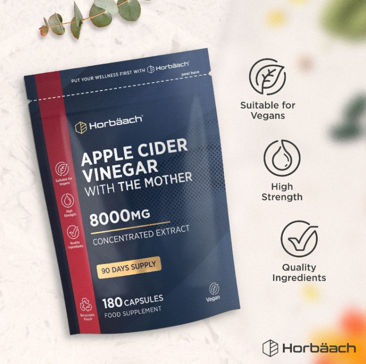 Horbäach Apple Cider Vinegar with The Mother 8000mg Concentrated Extract in a pouch of 180 vegan capsules.