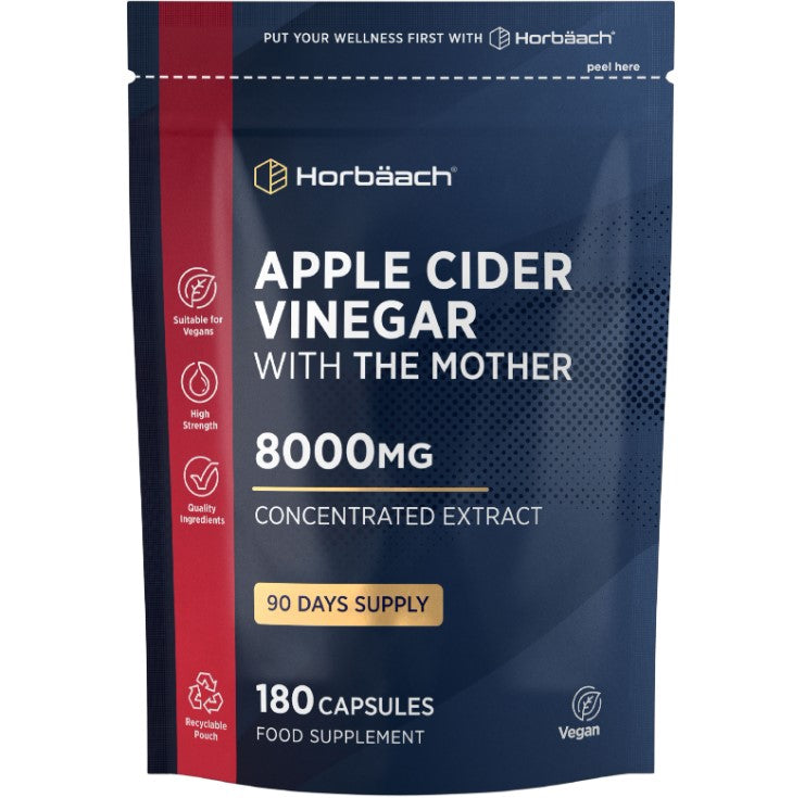 Apple Cider Vinegar With The Mother 8000mg Concentrated Extract, 180 Vegan Capsules, 90 Day Supply pouch.
