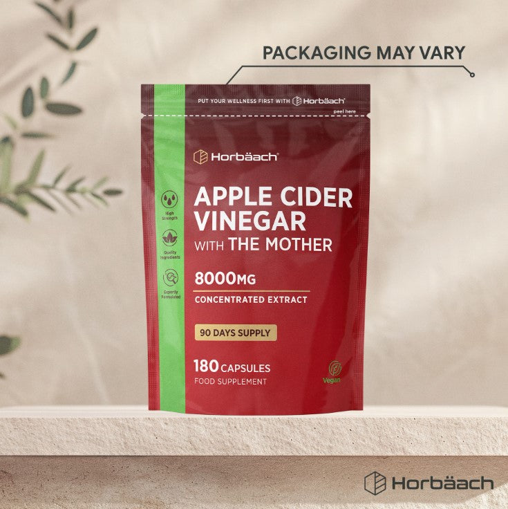 Horbäach Apple Cider Vinegar 8000mg with The Mother, 180 vegan capsules, concentrated extract.